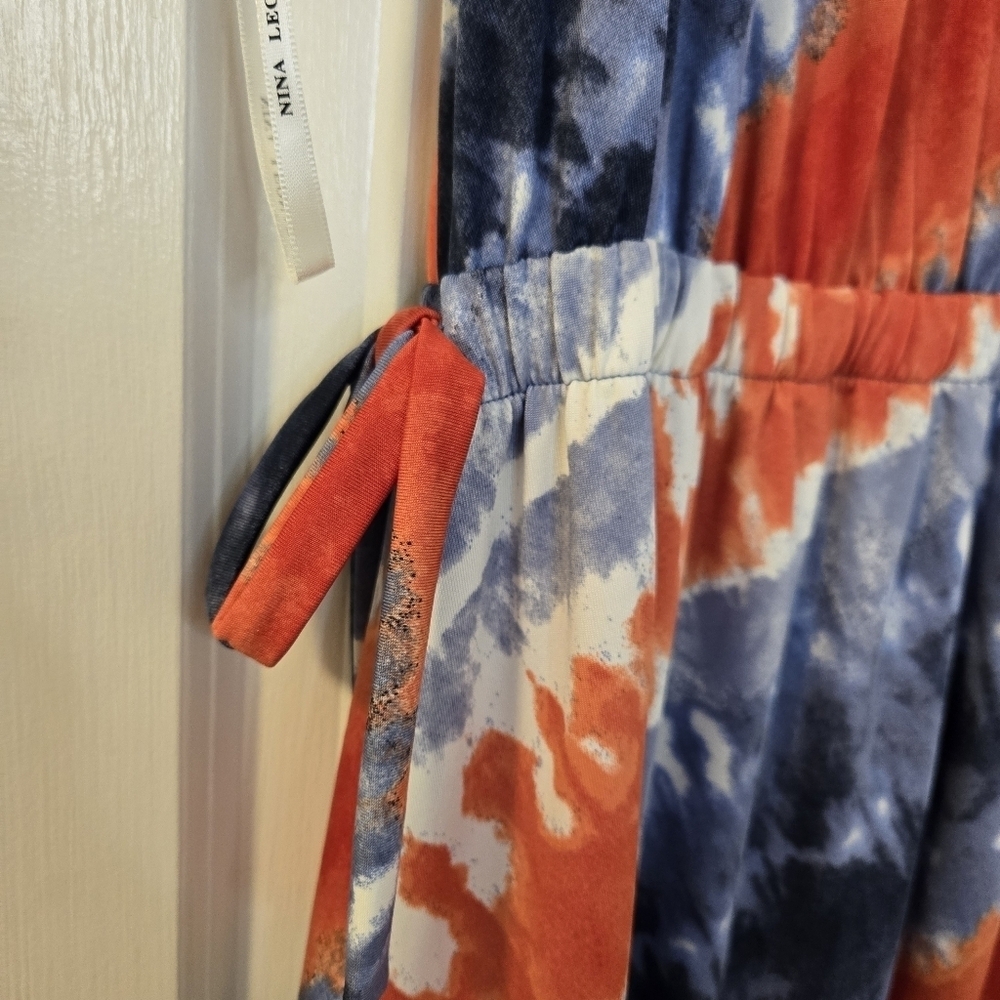 Nina Leonard Red And Blue Cinch Waist Sleeveless Maxi Dress Size 1X - Picture 6 of 15